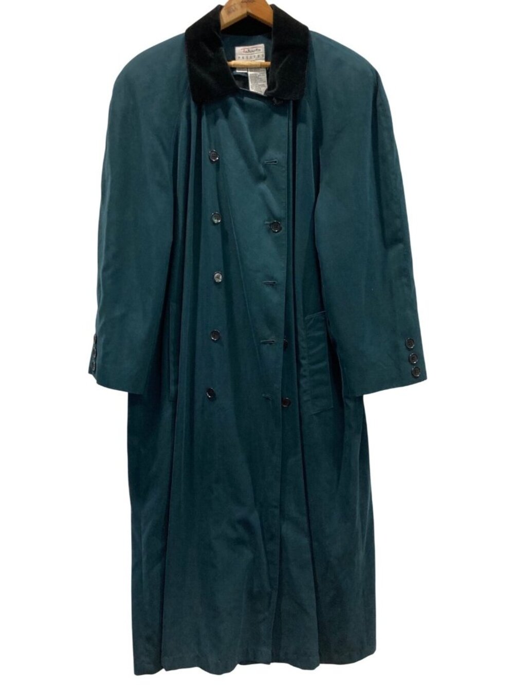 Vintage Talbots Teal Green Long Trench Coat 14P Velvet Collar Old Money Retro